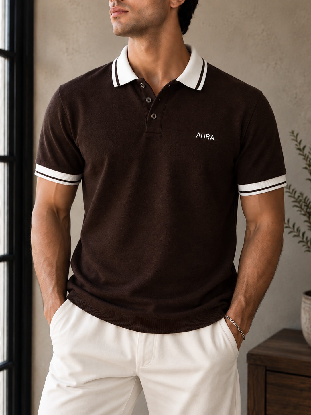 Textured Polo T Shirt - Brown