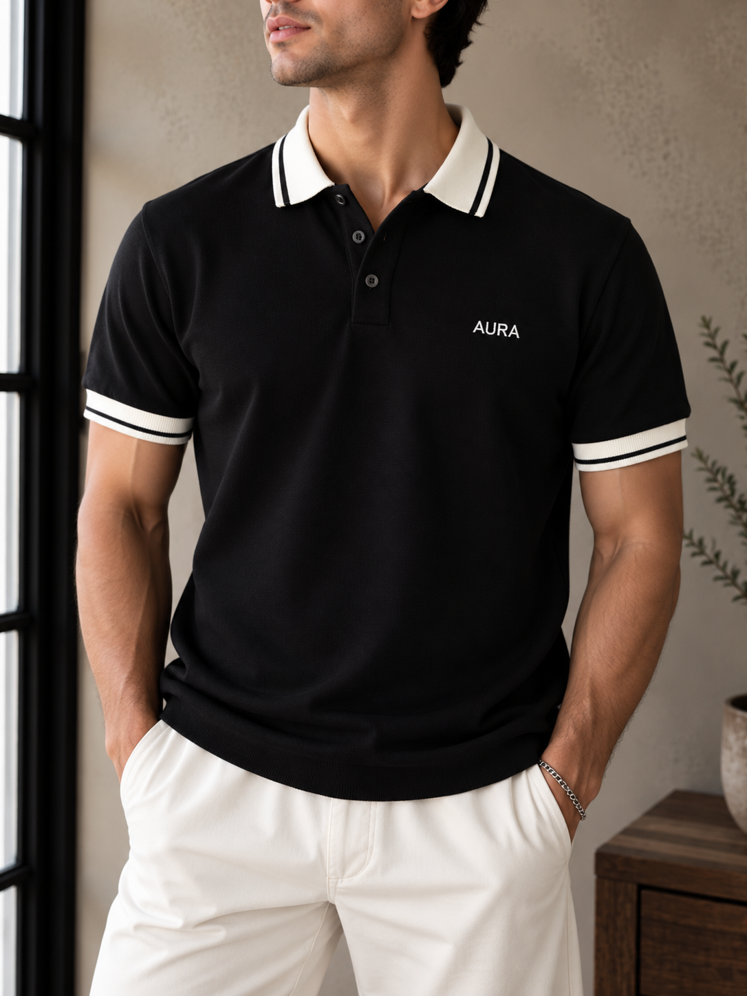 Textured Polo T Shirt - Black