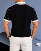Vertical Stripe Knit Polo - Black