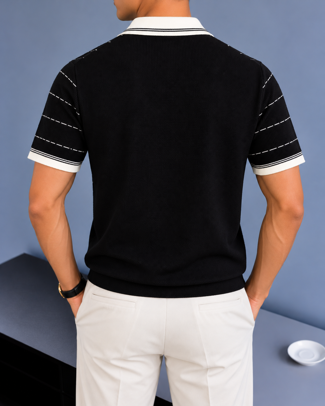 Vertical Stripe Knit Polo - Black