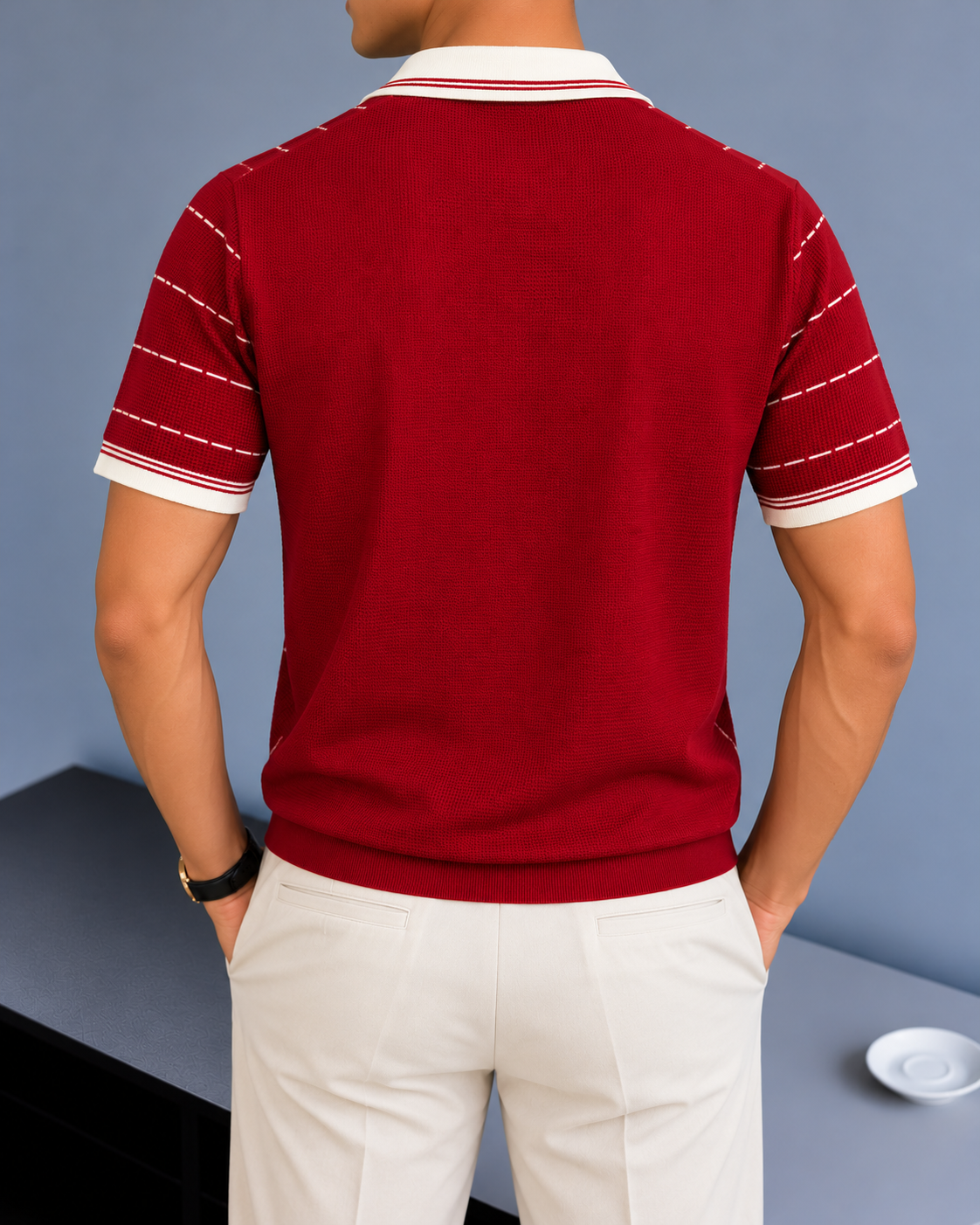 Vertical Stripe Knit Polo - Red