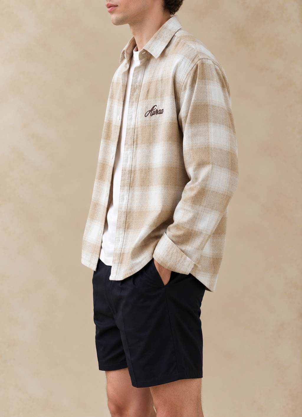 Boxy Fit Flannel Shirt - Beige & Cream