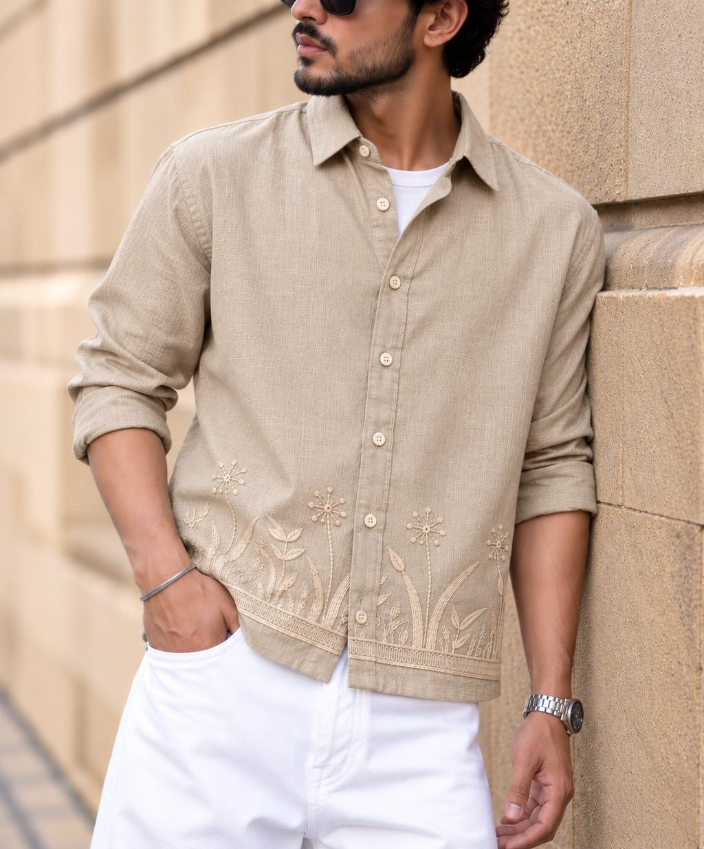 Botanical Embroidered Boxy Fit Shirt - Beige