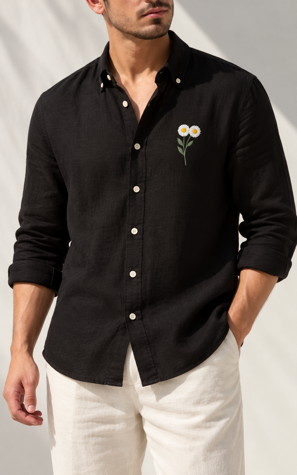 Daisy Embroidered Shirt - Black