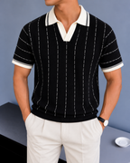 Vertical Stripe Knit Polo - Black