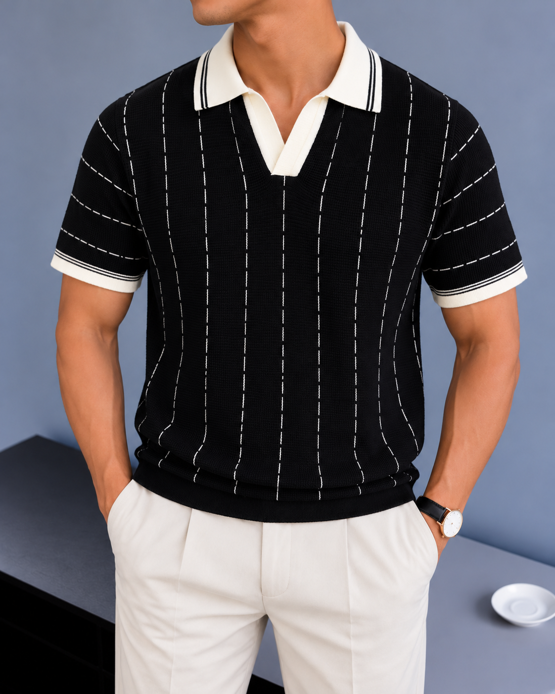 Vertical Stripe Knit Polo - Black