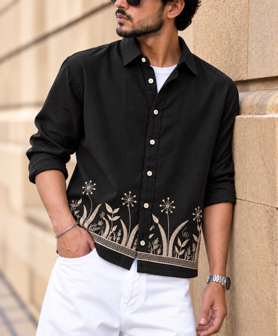 Botanical Embroidered Boxy Fit Shirt - Black