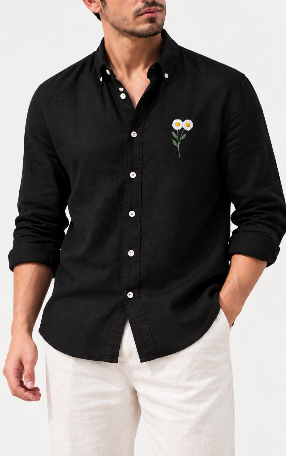 Daisy Embroidered Shirt - Black