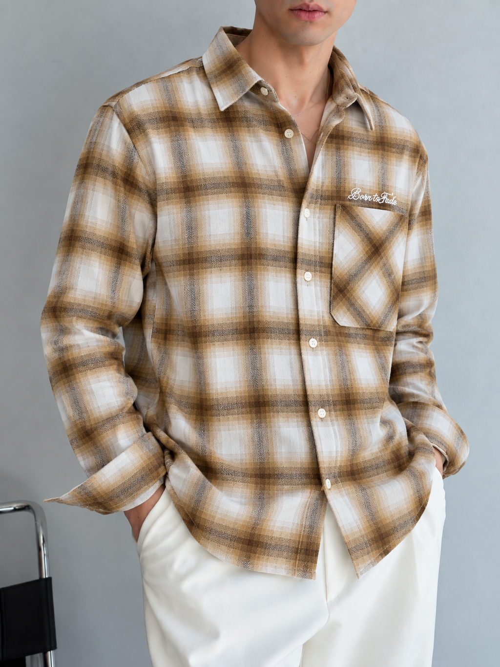 Born to Fade Plaid Flannel Shirt - Beige Brown