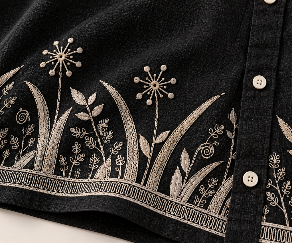 Botanical Embroidered Boxy Fit Shirt - Black