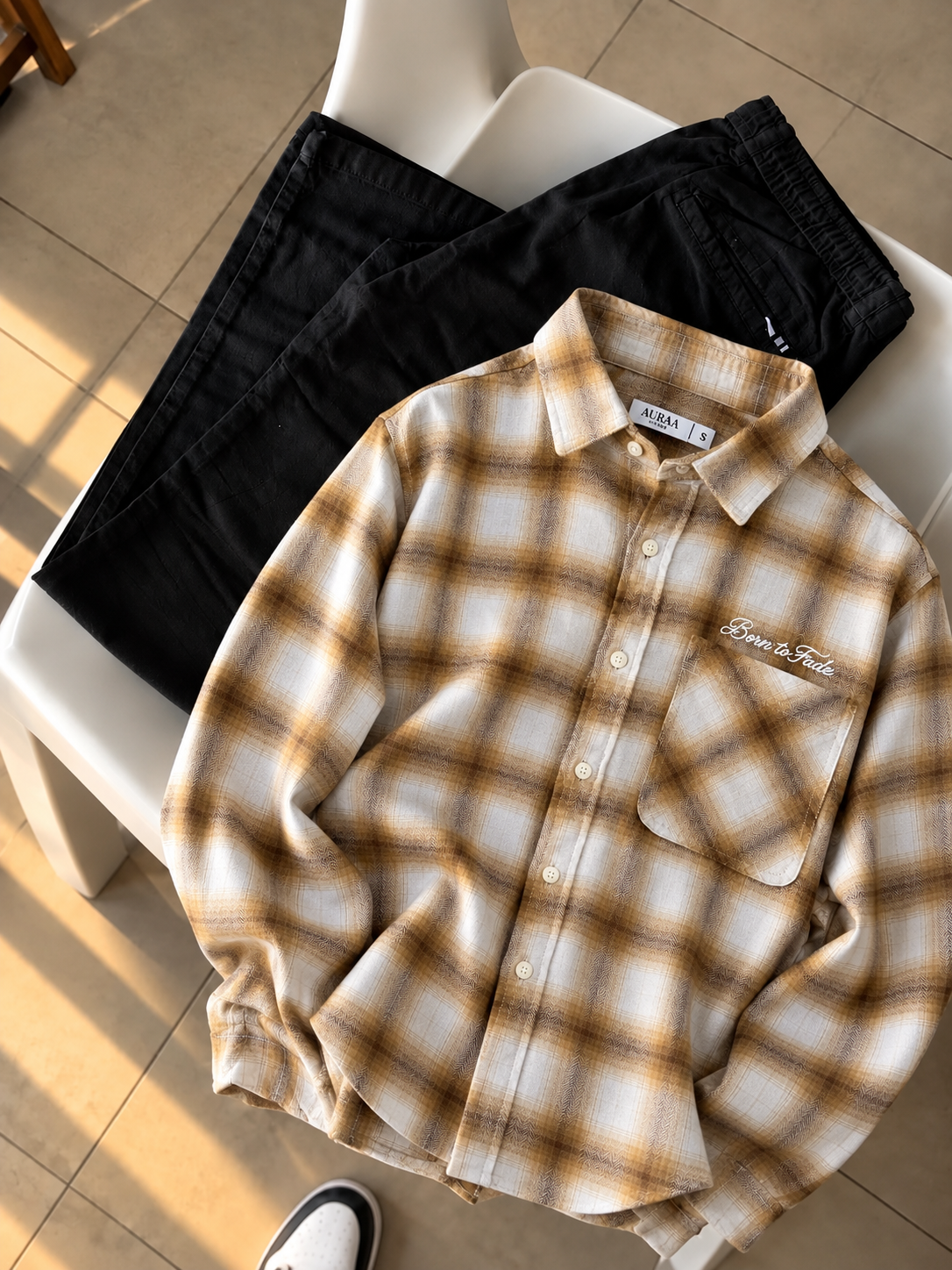 Born to Fade Plaid Flannel Shirt - Beige Brown