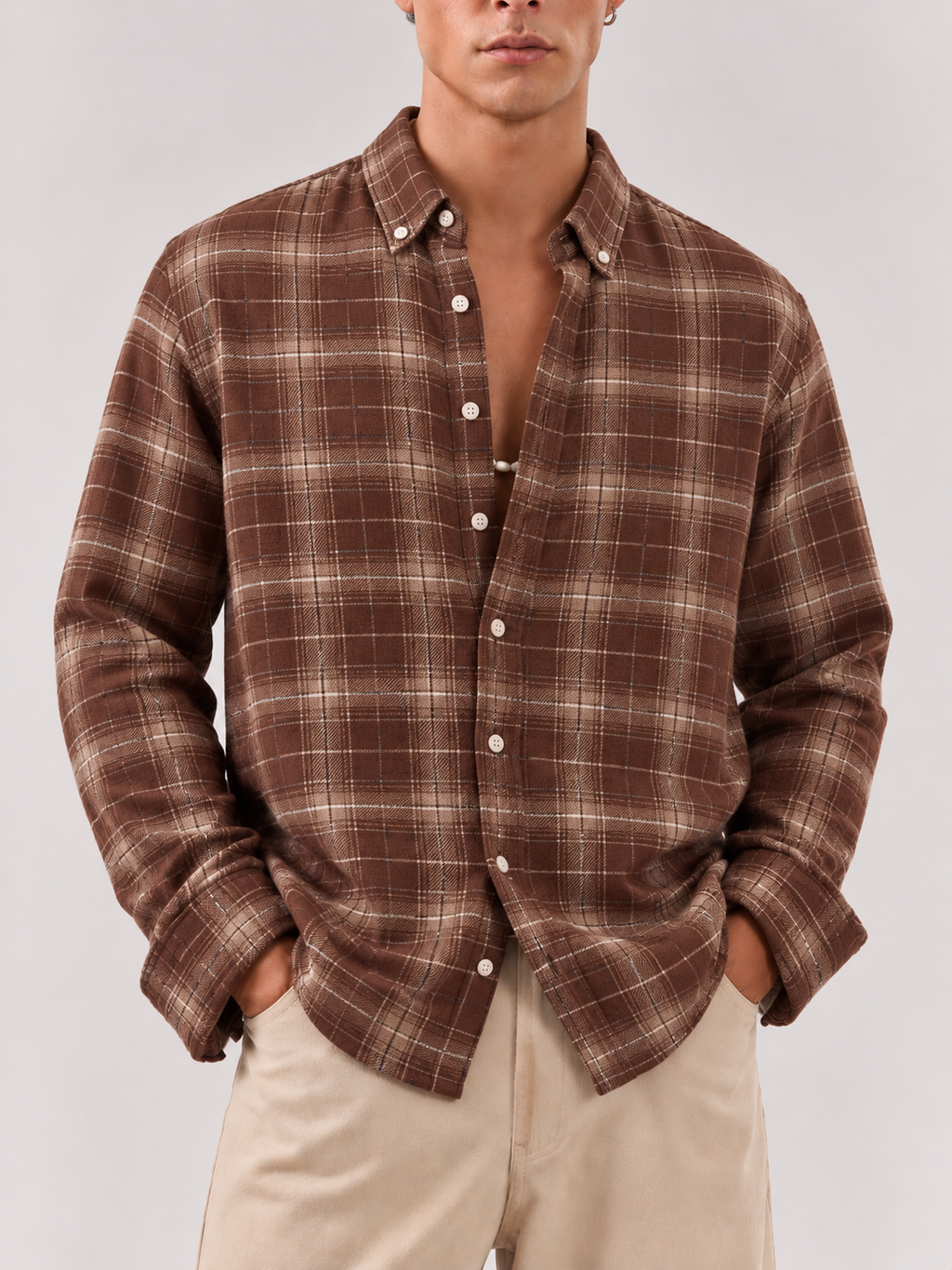 Checked Flannel Shirt - Brown Beige