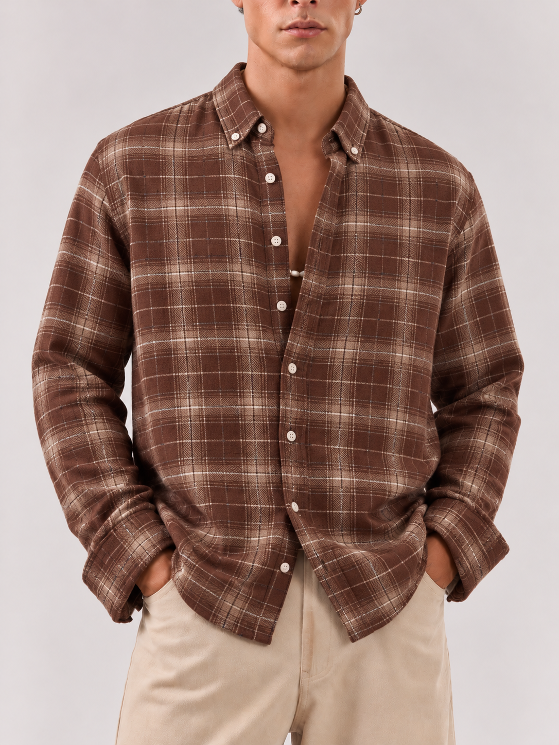 Checked Flannel Shirt - Brown Beige