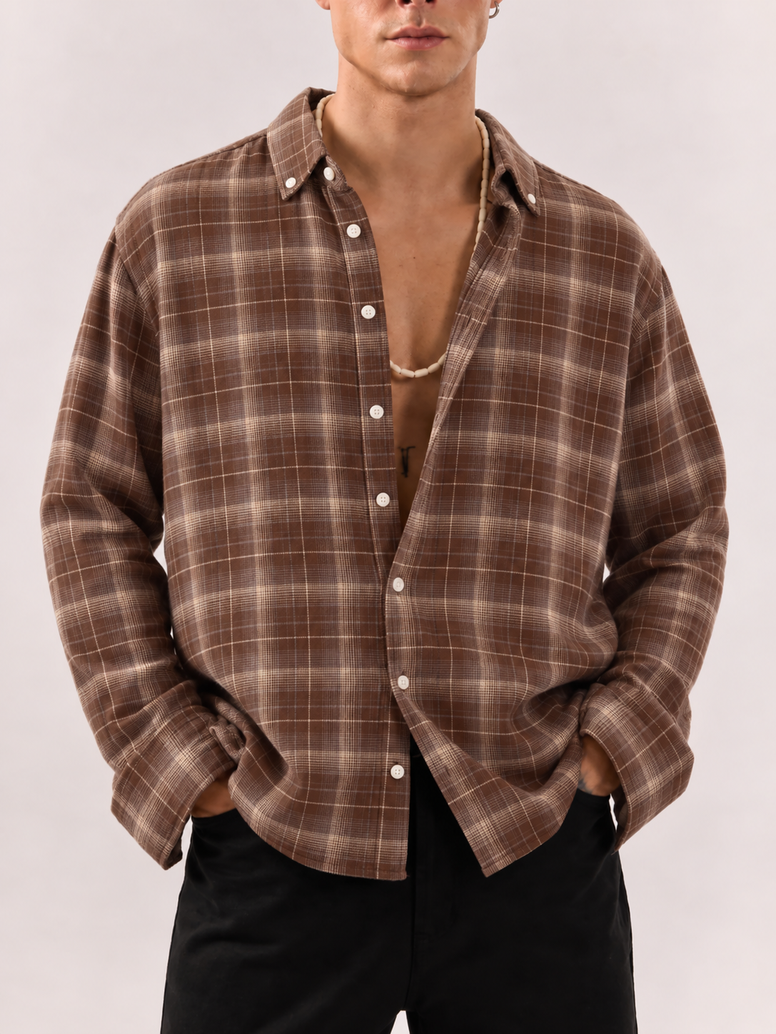 Checked Flannel Shirt - Brown Beige
