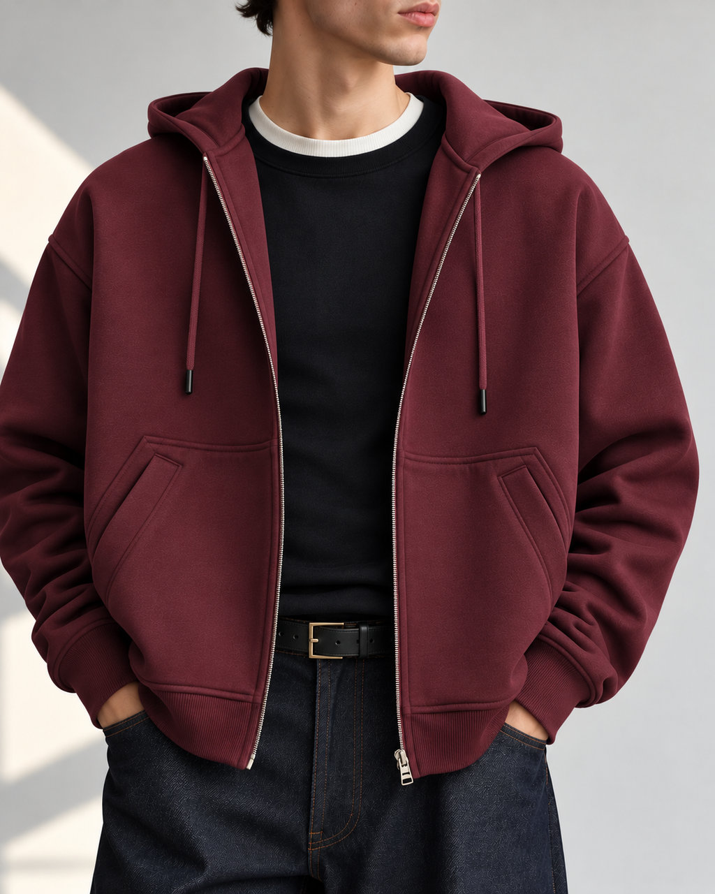 Oversized Zip Up Hoodie - Burgundy