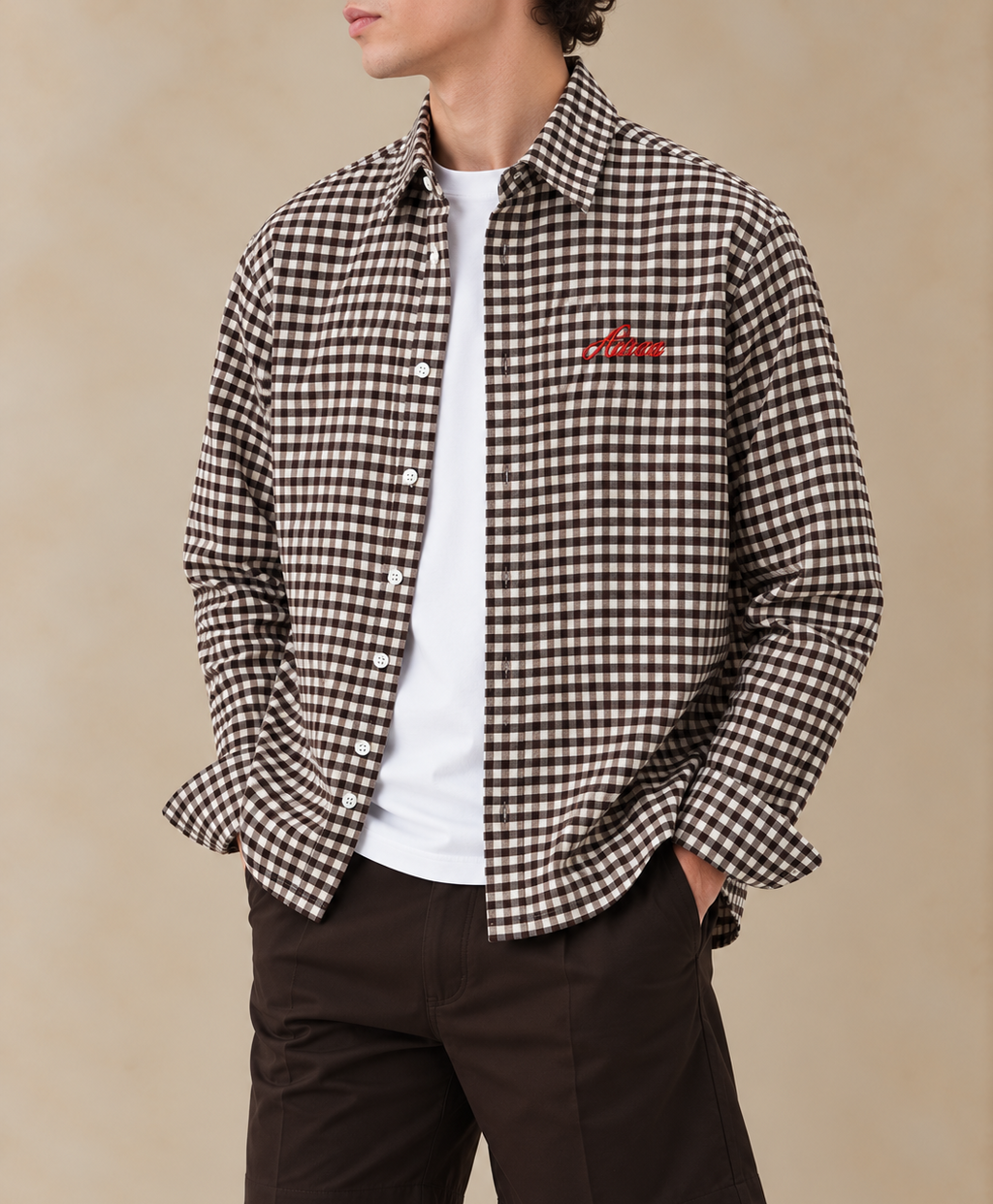Boxy Fit Checkered Shirt - Dark Brown & White