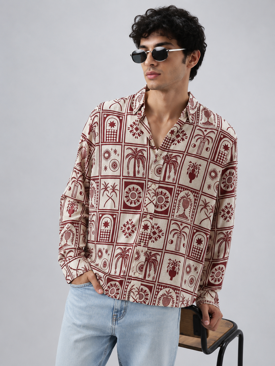 Mosaic Printed Linen Shirt - Crimson Red