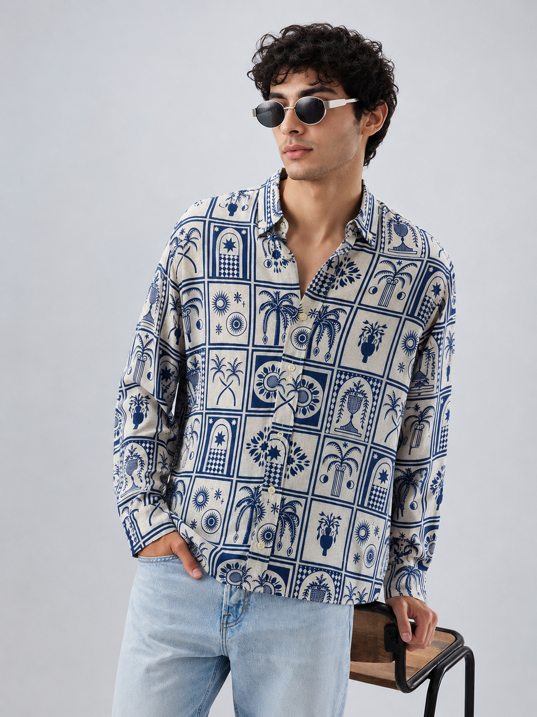 Mosaic Printed Linen Shirt - Cobalt Blue