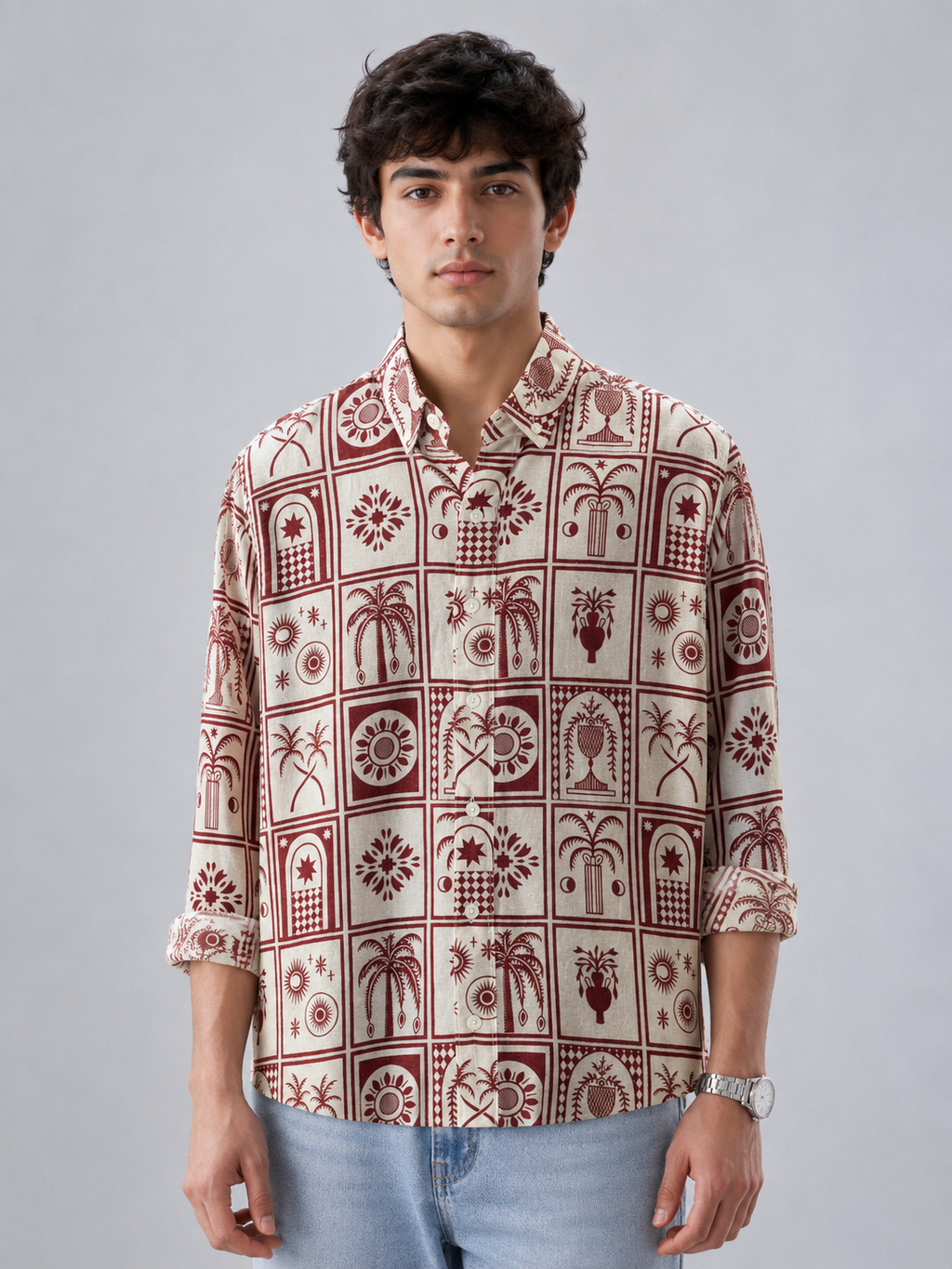 Mosaic Printed Linen Shirt - Crimson Red