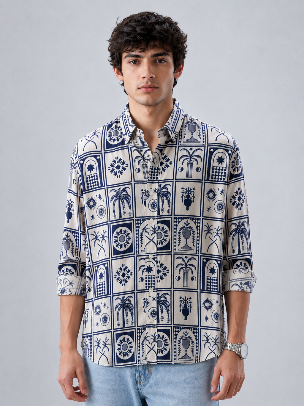 Mosaic Printed Linen Shirt - Cobalt Blue