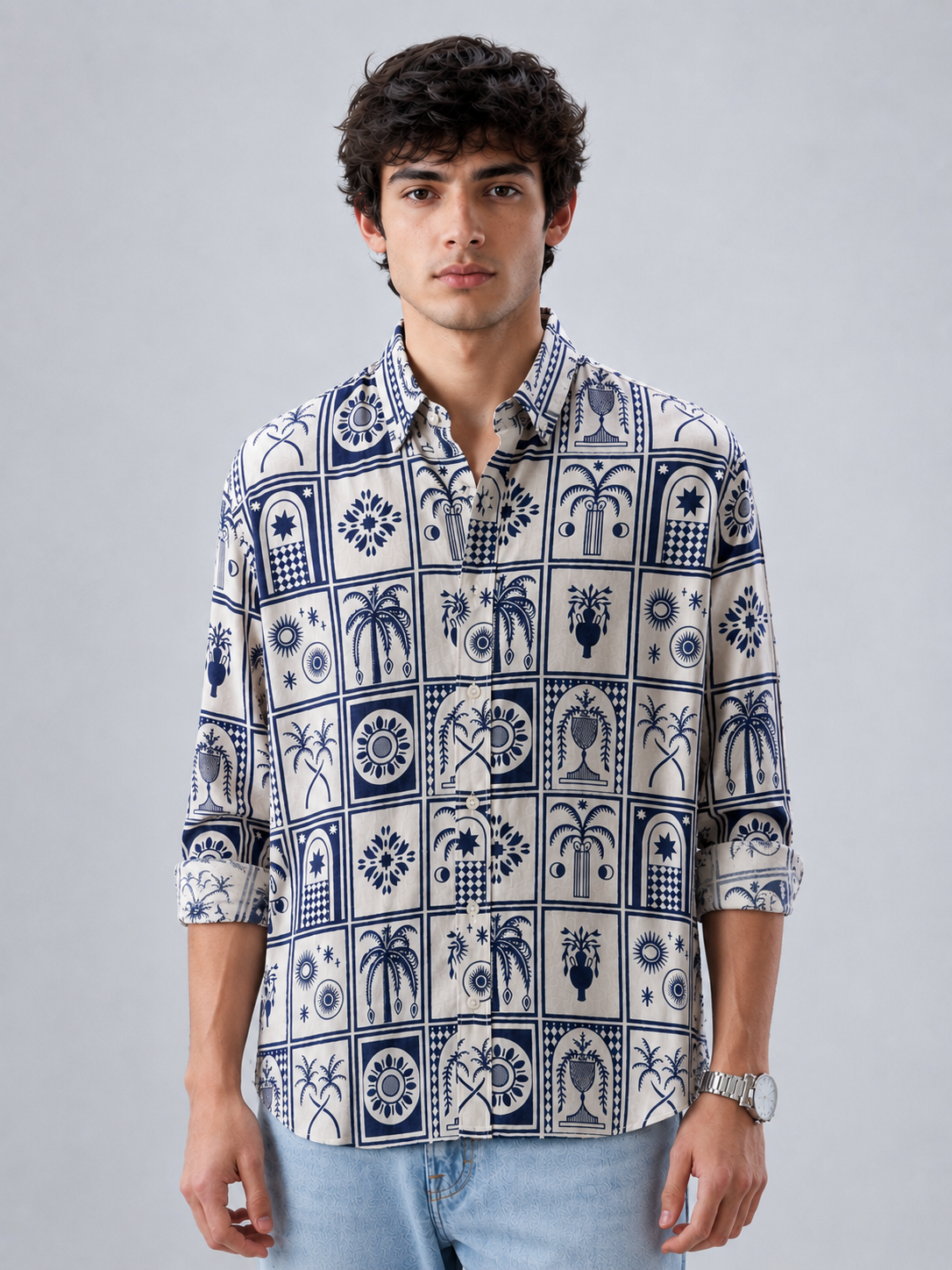 Mosaic Printed Linen Shirt - Cobalt Blue