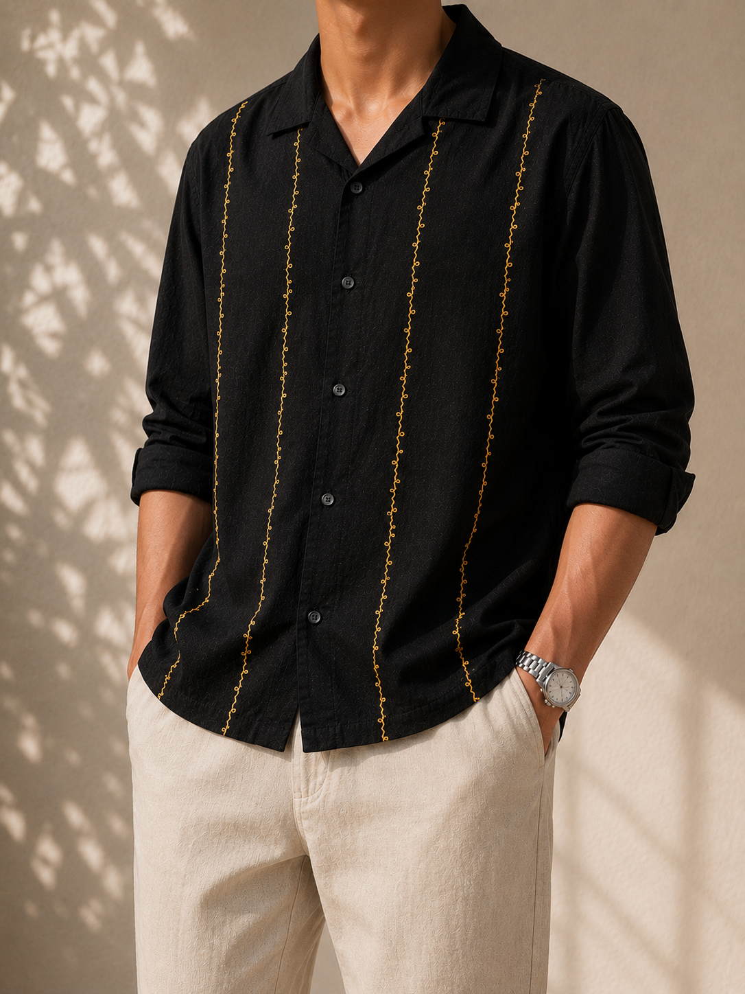 Linen Buff Print Shirt - Jet Black