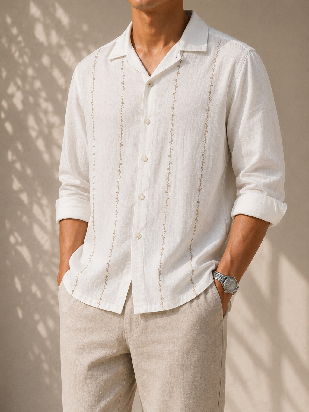 Linen Buff Print Shirt - Pearl White