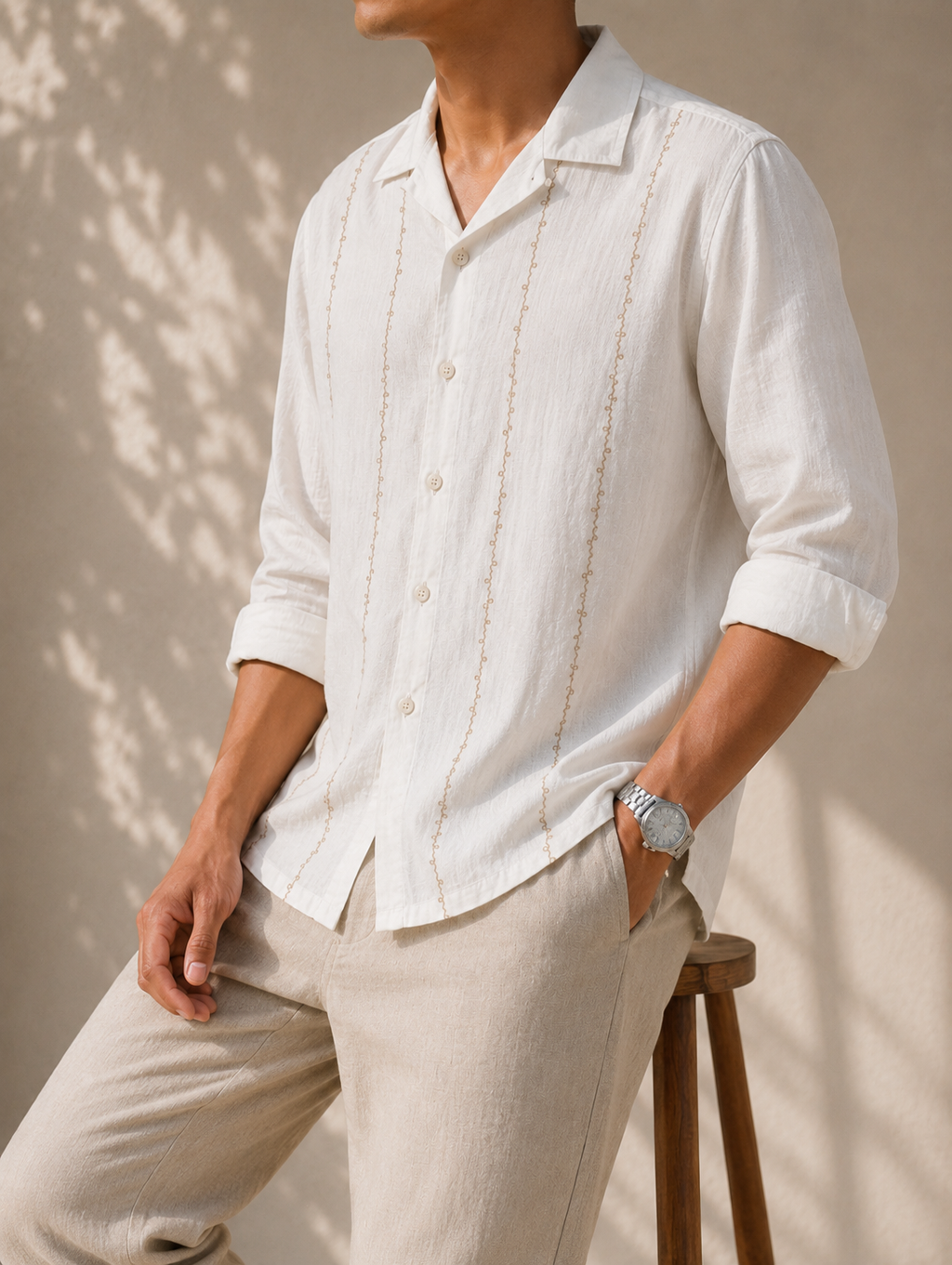 Linen Buff Print Shirt - Pearl White