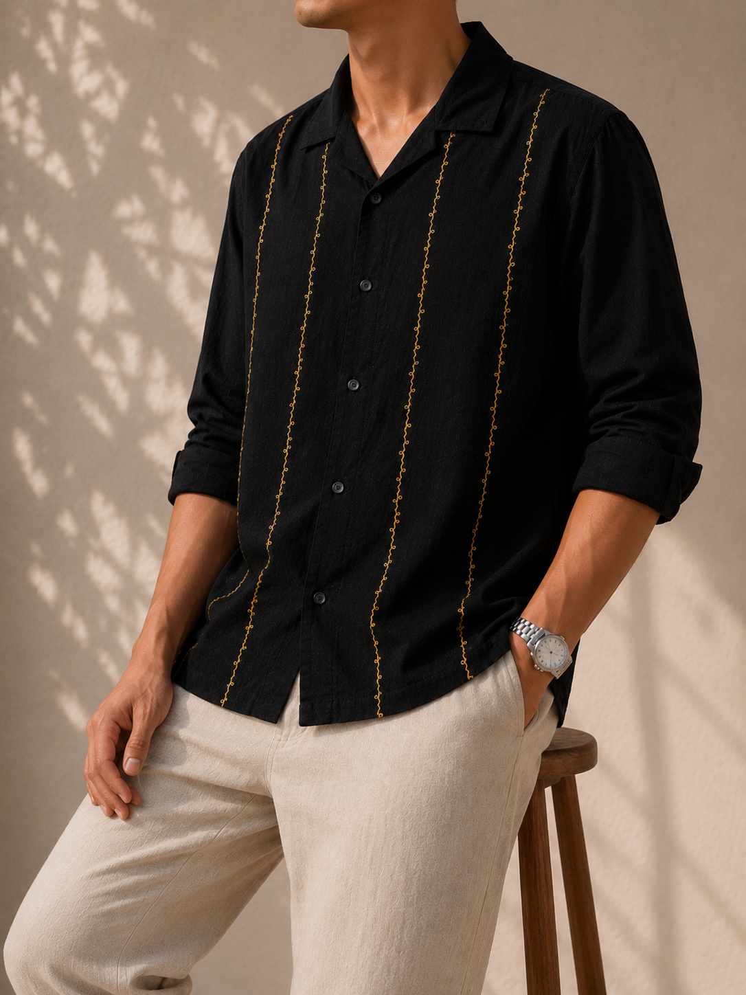 Linen Buff Print Shirt - Jet Black