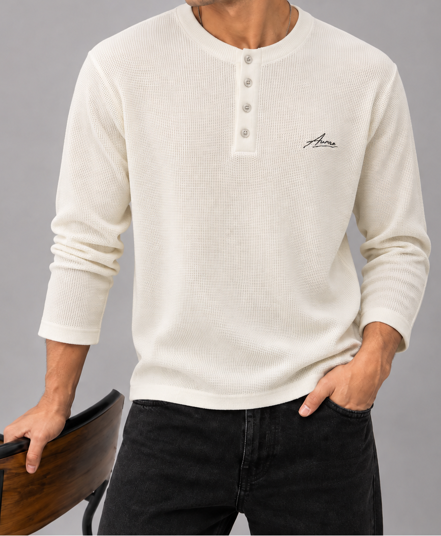Waffle Knit Henley T-Shirt - Off White