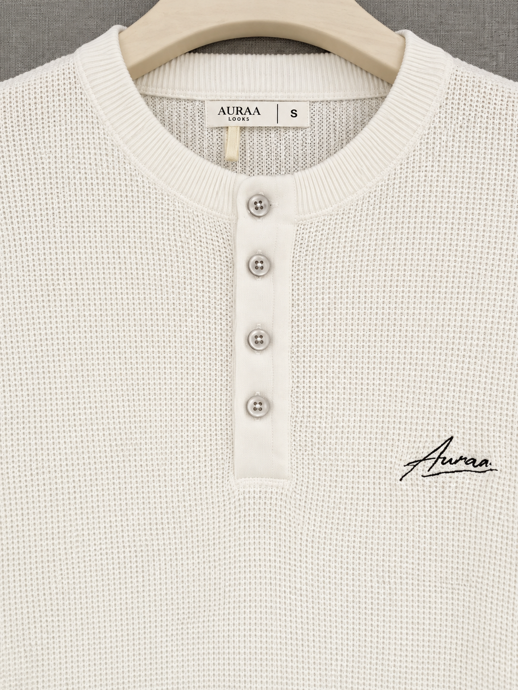 Waffle Knit Henley T-Shirt - Off White