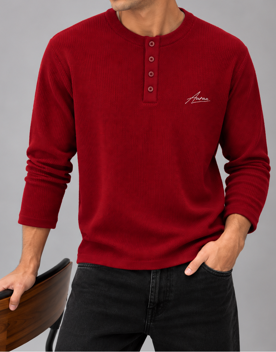 Waffle Knit Henley T-Shirt - Red