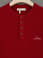 Waffle Knit Henley T-Shirt - Red