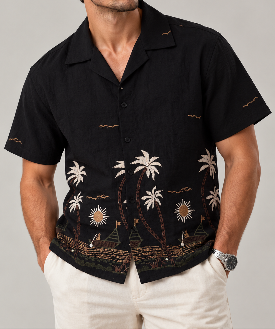 Tropical Embroidered Camp Collar Shirt - Black