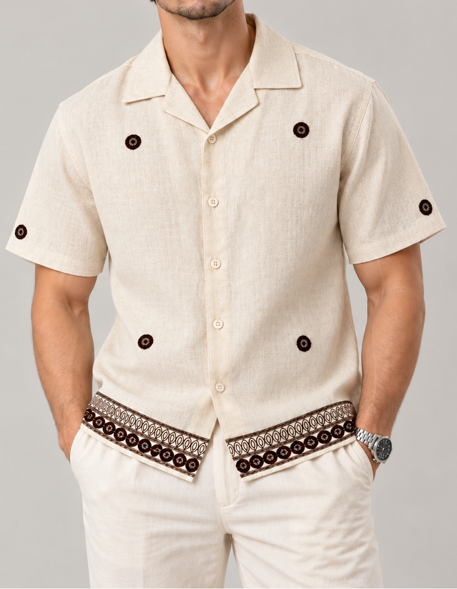 Linen Embroidered Camp Collar Shirt