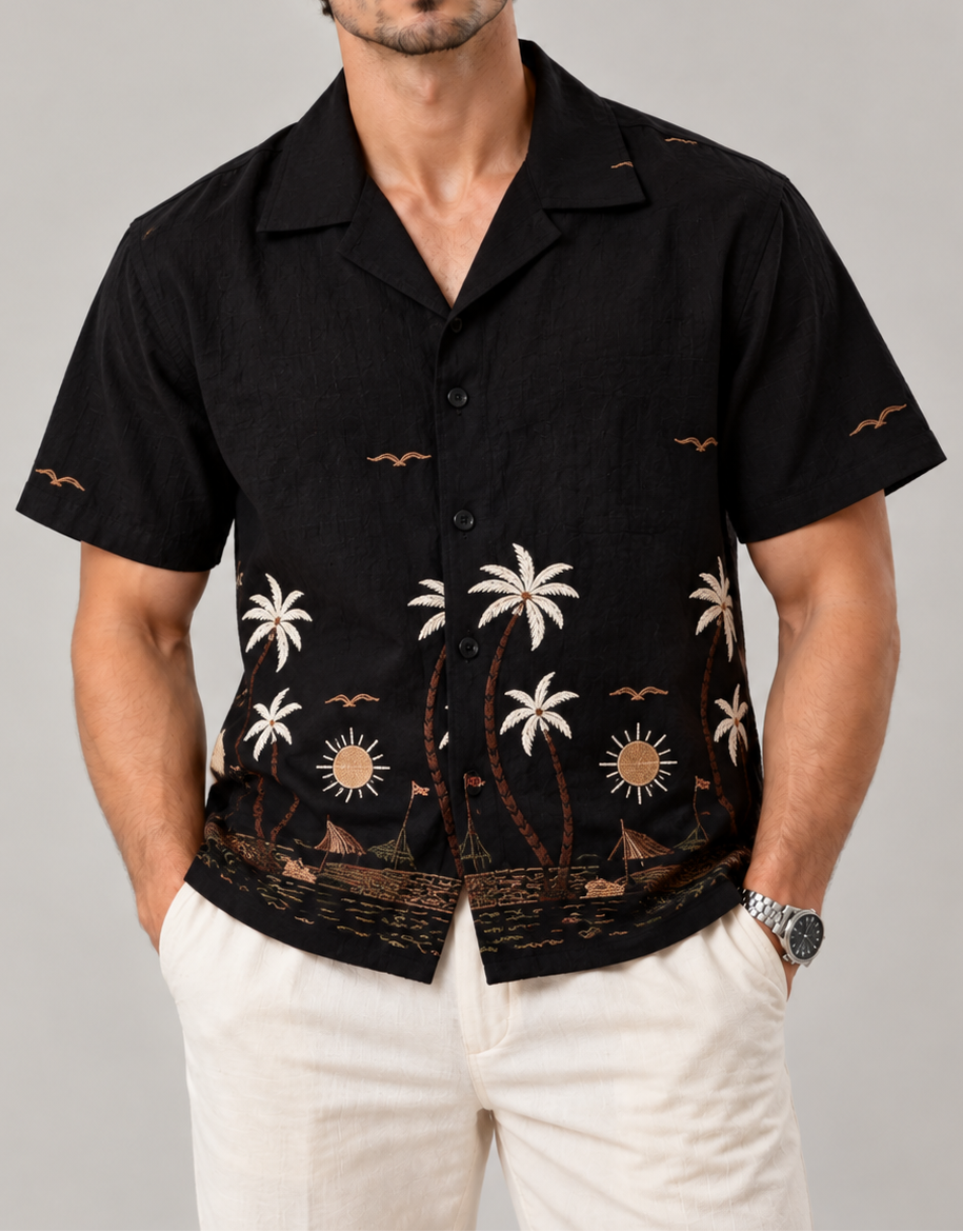 Tropical Embroidered Camp Collar Shirt - Black