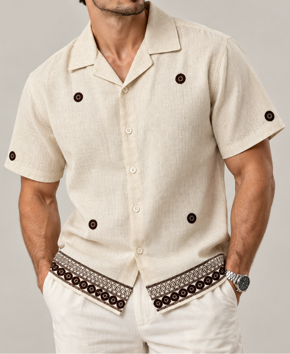 Linen Embroidered Camp Collar Shirt