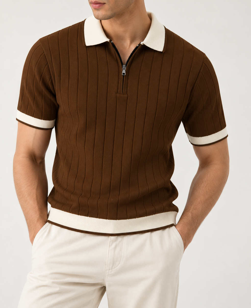 Ribbed Zip Polo - Chocolate Brown