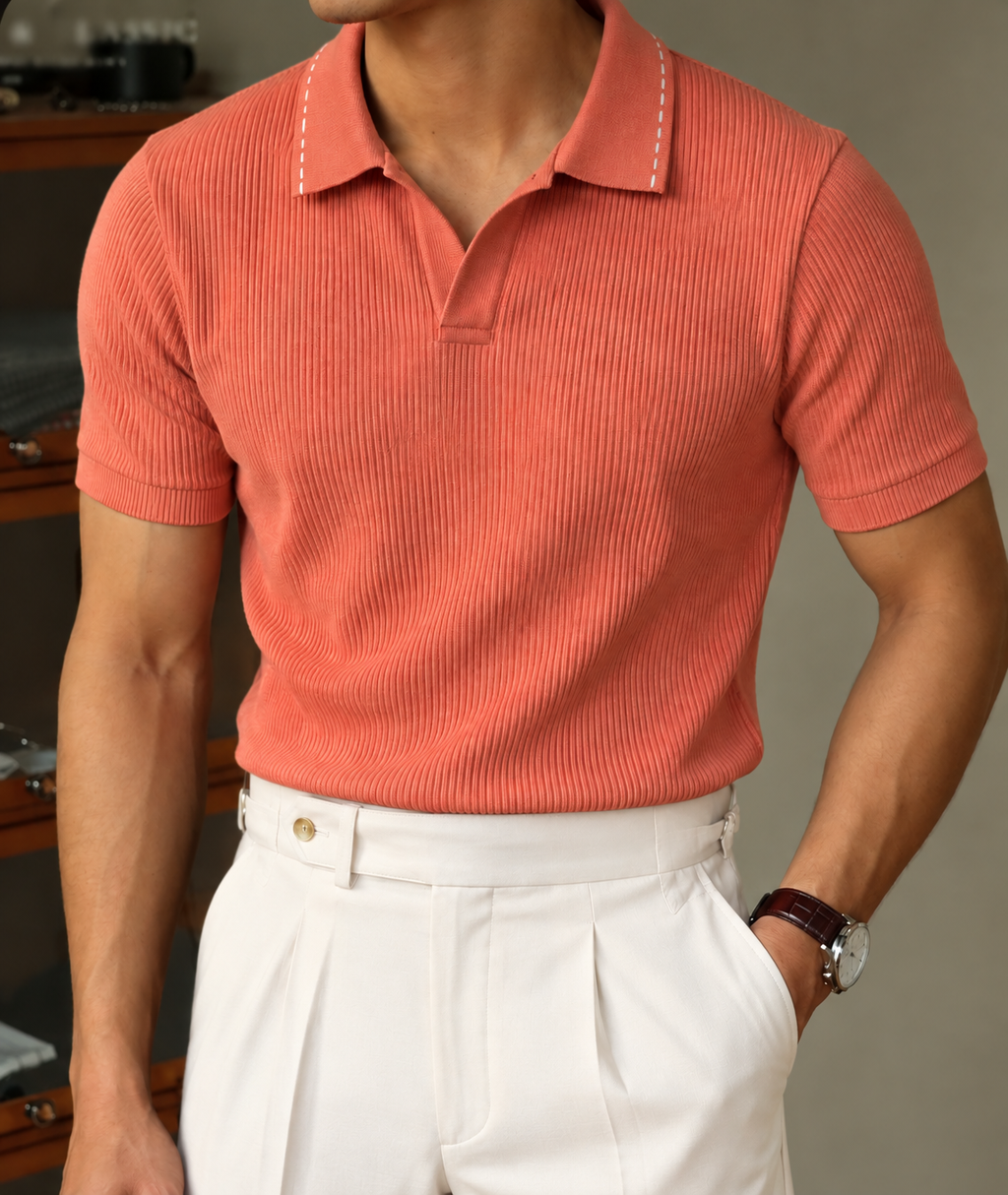 Ribbed Polo T Shirt - Coral Pink