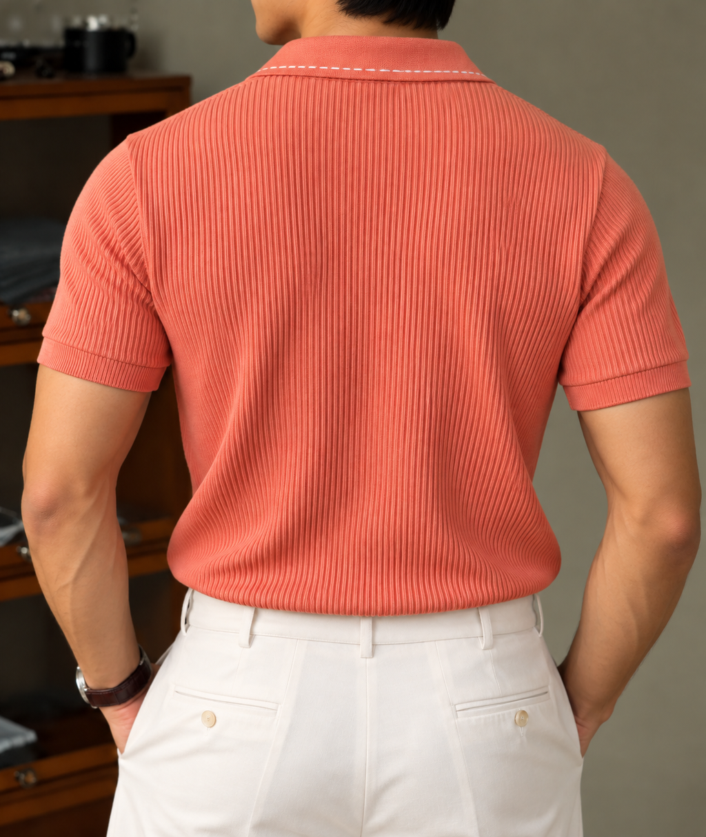Ribbed Polo T Shirt - Coral Pink
