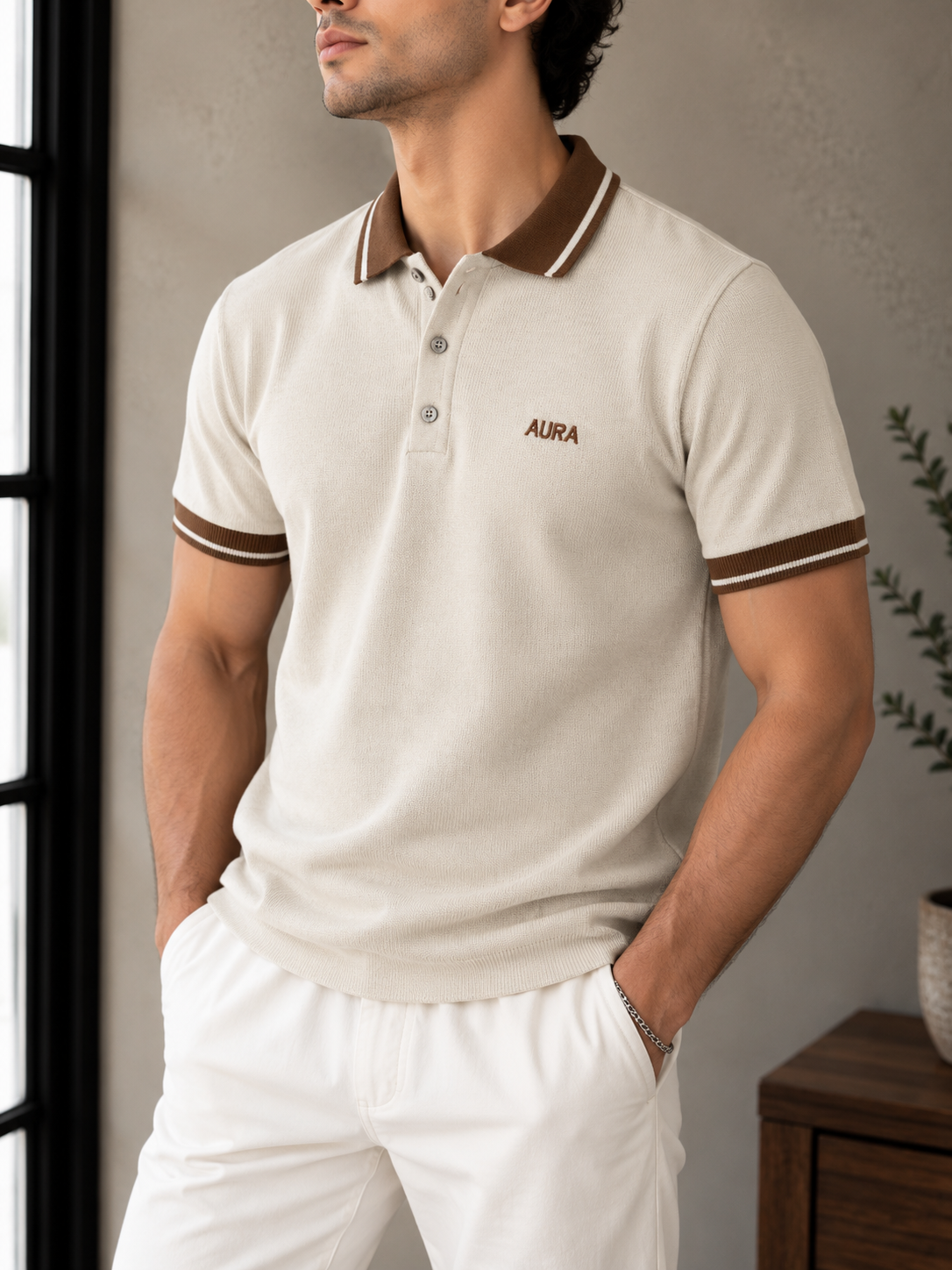 Textured Polo T Shirt - Beige