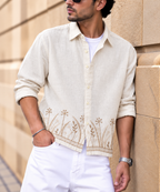Botanical Embroidered Linen Shirt - Cream