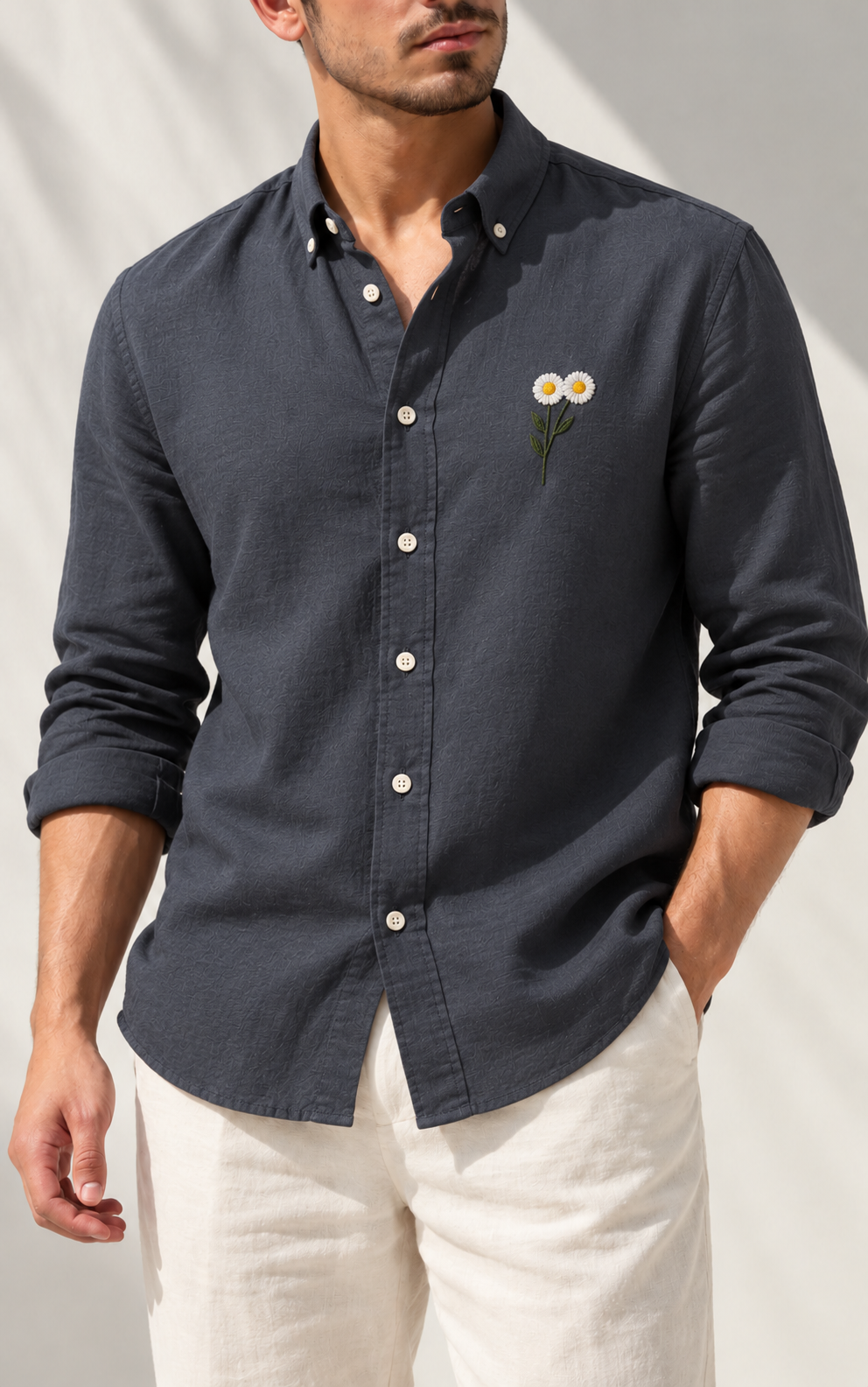 Daisy Embroidered Shirt - Charcoal Grey