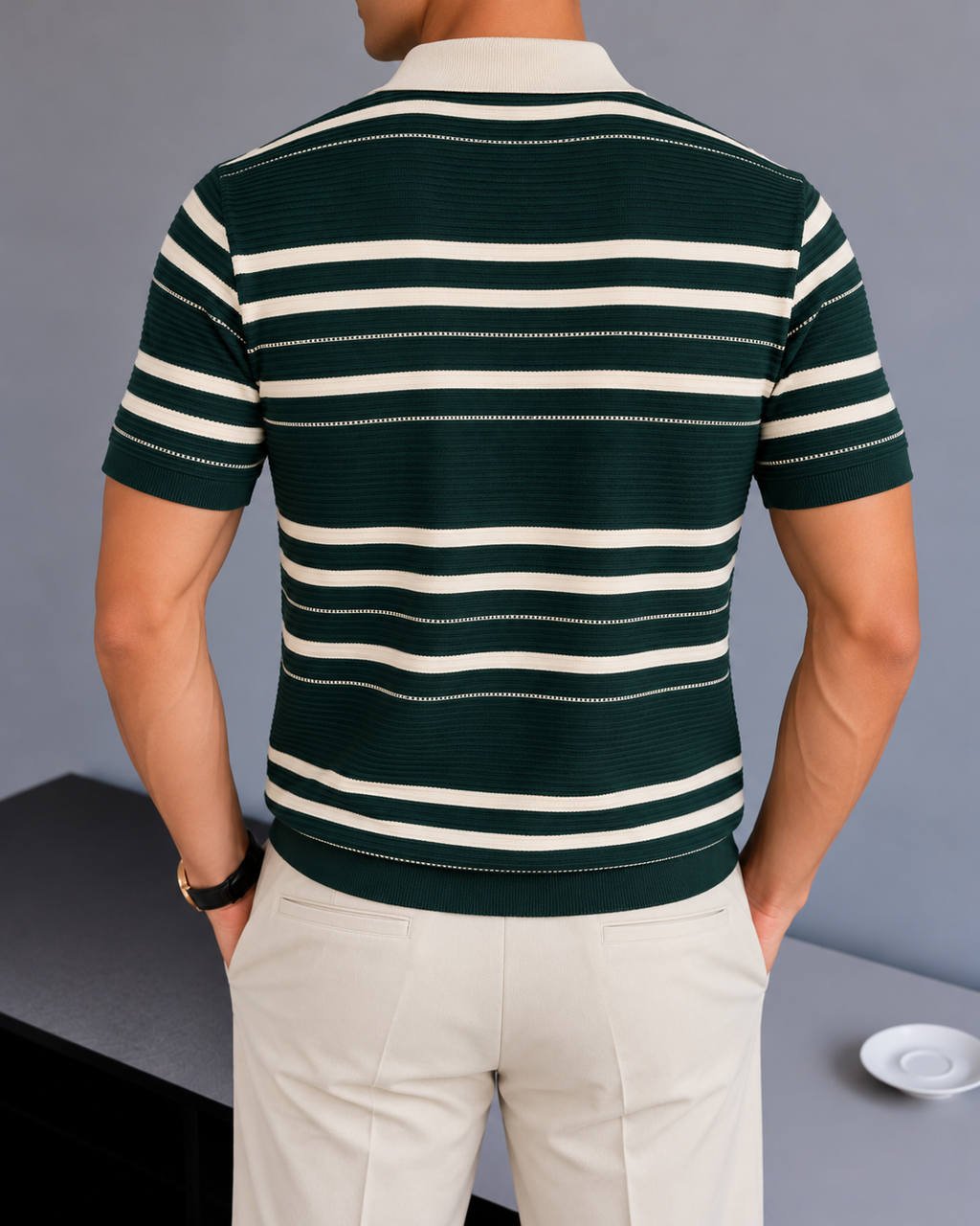 Striped Knit Polo - Forest Green