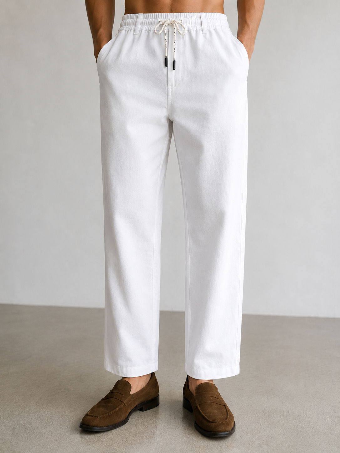Pure White Regular Fit Linen Trousers