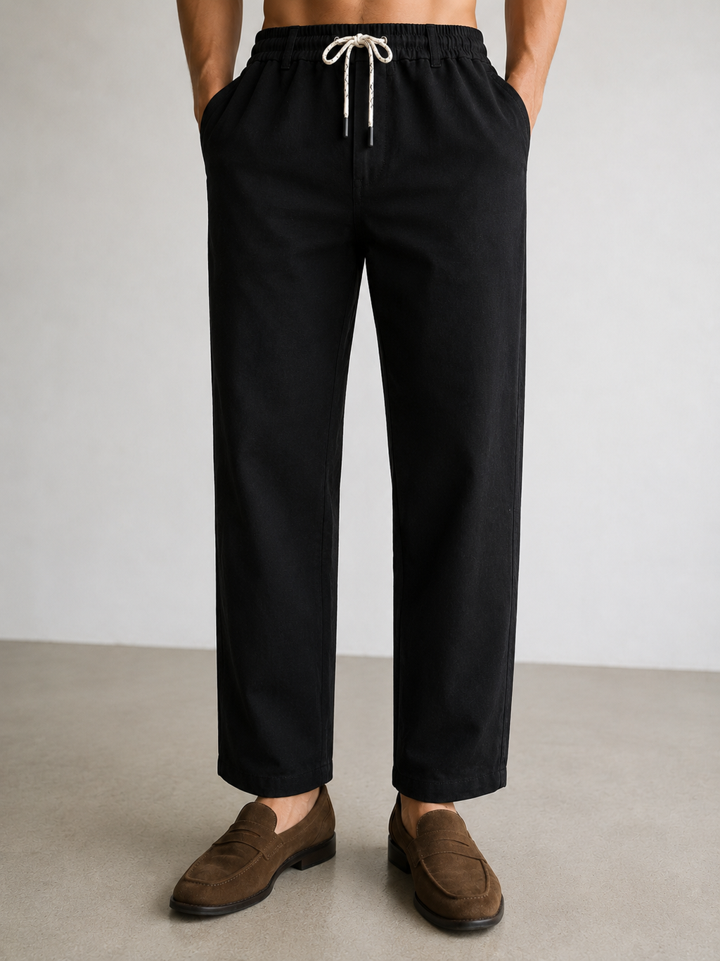Jet Black Regular Fit Linen Trousers