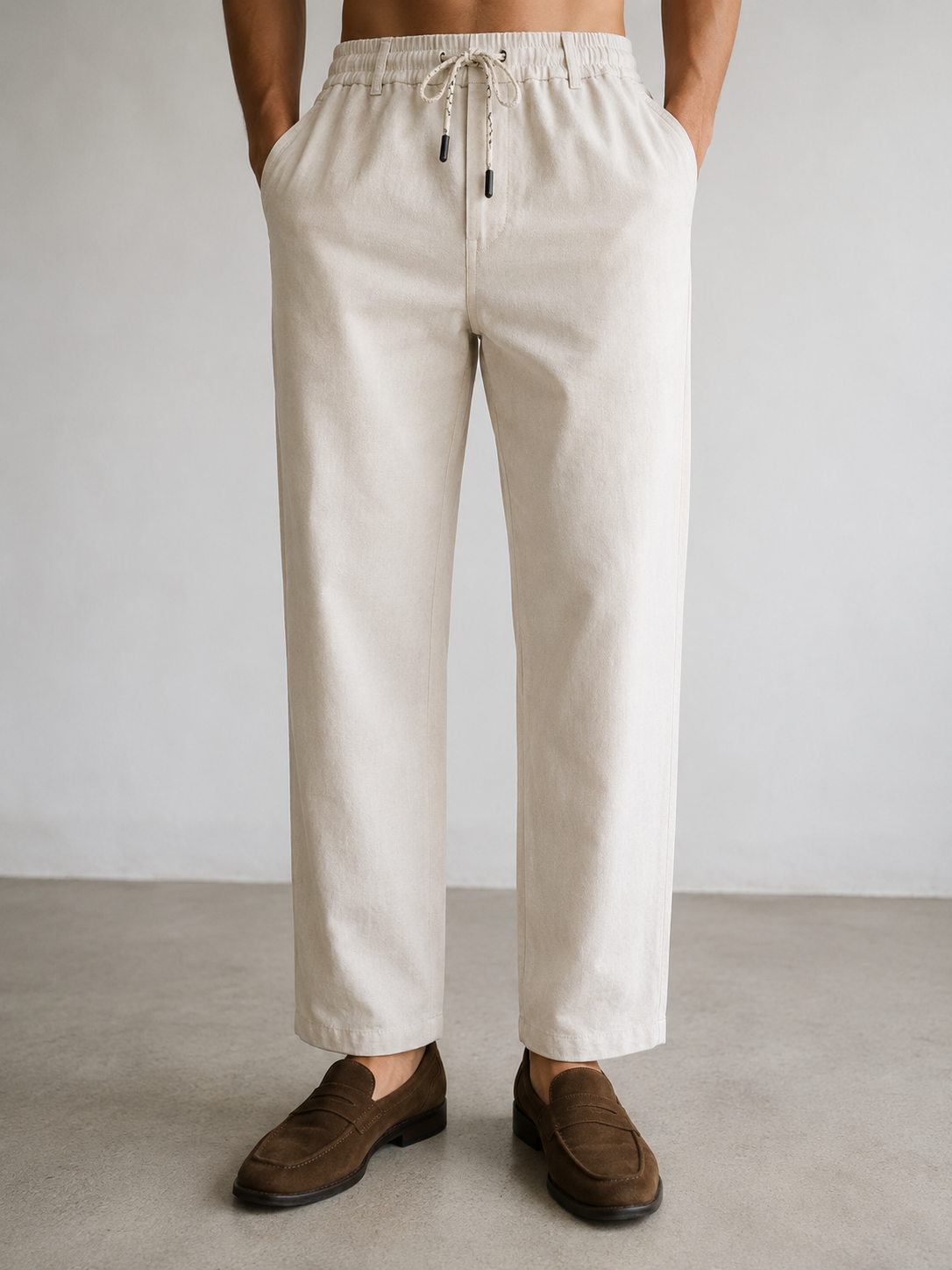 Ivory Cream Regular Fit Linen Trousers