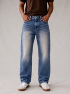 Mid Blue Acid Wash Straight Fit Jeans