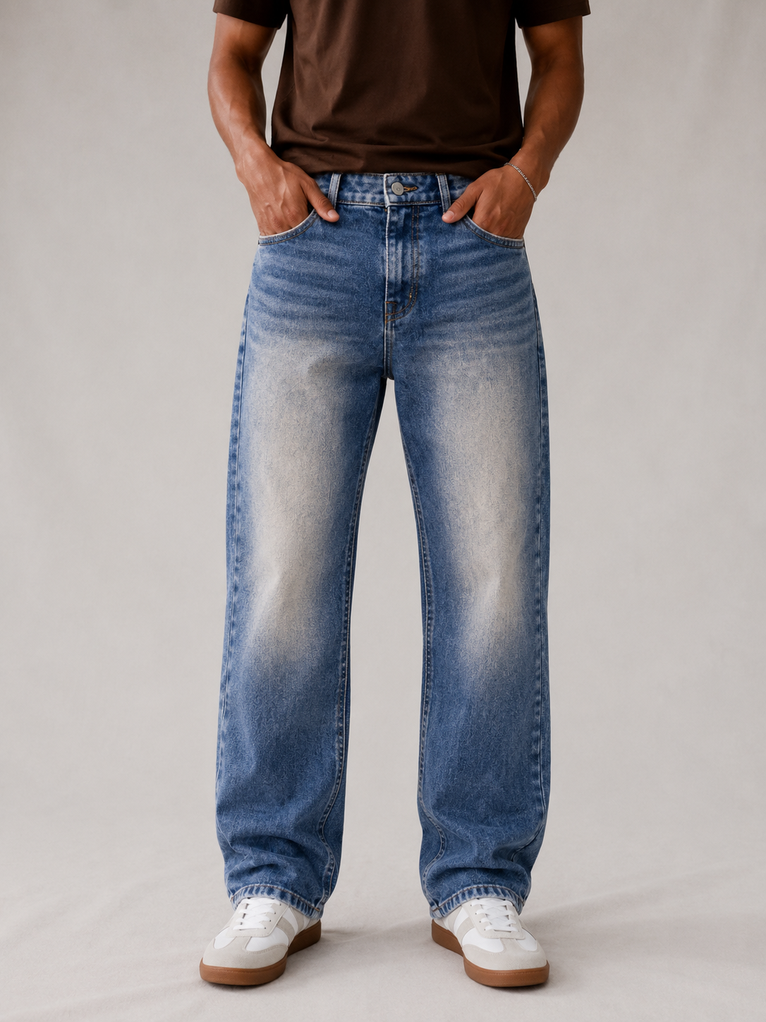 Mid Blue Acid Wash Straight Fit Jeans