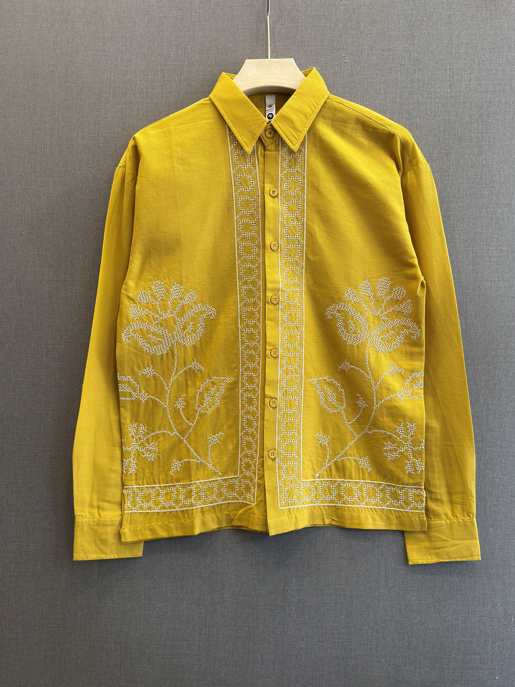 Mustard Floral Embroidered Linen Shirt